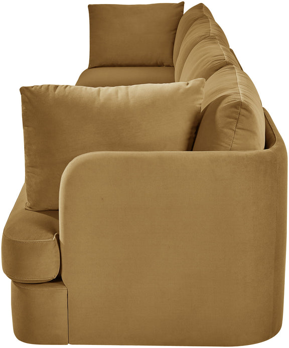 Beige velvet performance fabric modular sofa with rounded arms and multiple back cushions