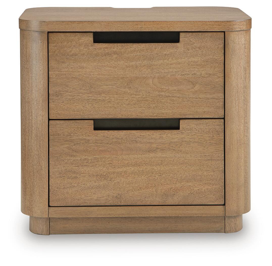 Light brown two-drawer night stand with dark pull handles and rounded corners.