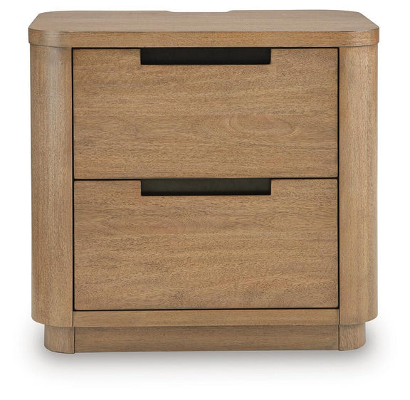 Light brown two-drawer night stand with dark pull handles and rounded corners.