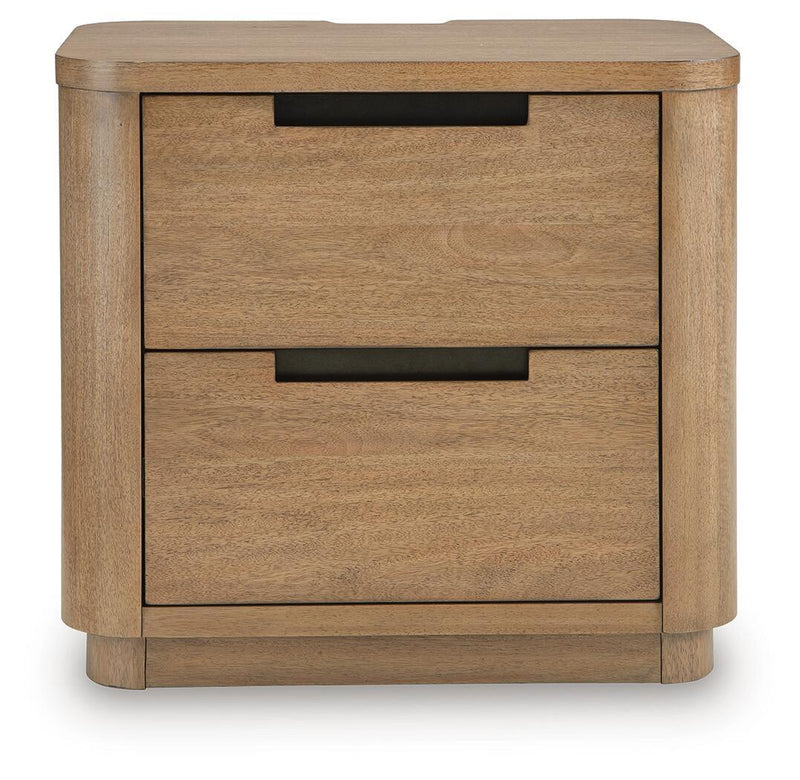 Light brown two-drawer night stand with dark pull handles and rounded corners.