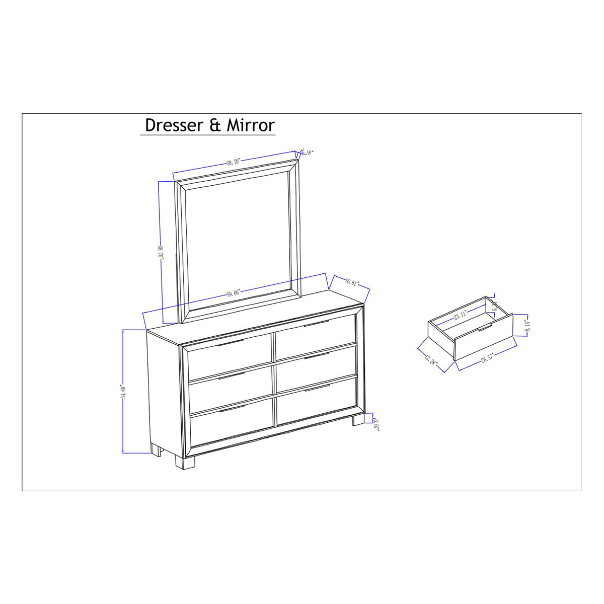 Dresser with mirror diagram showing six drawers; dimensioned side and top views.