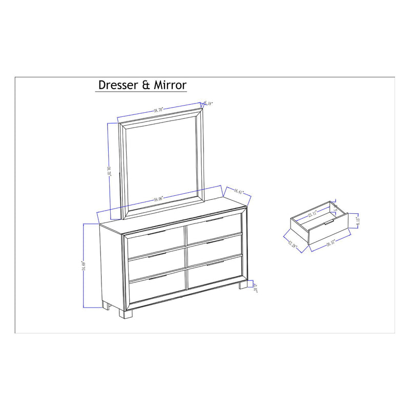 Dresser with mirror diagram showing six drawers; dimensioned side and top views.