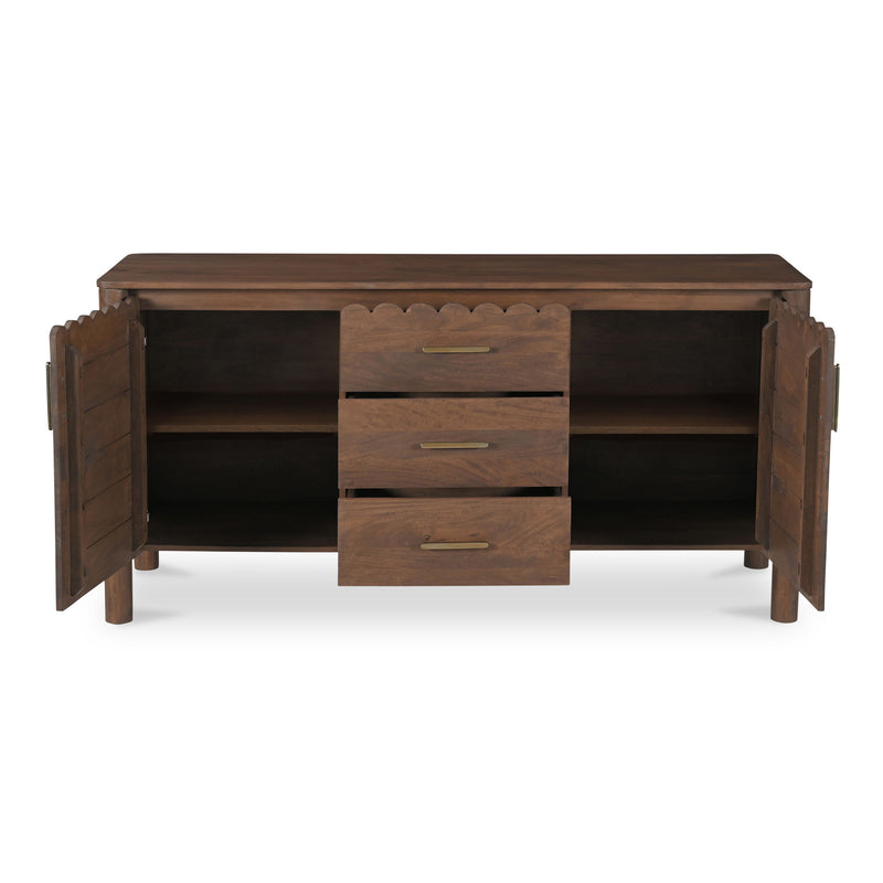 Sideboard with open shelving on both sides and three centered drawers, wood finish