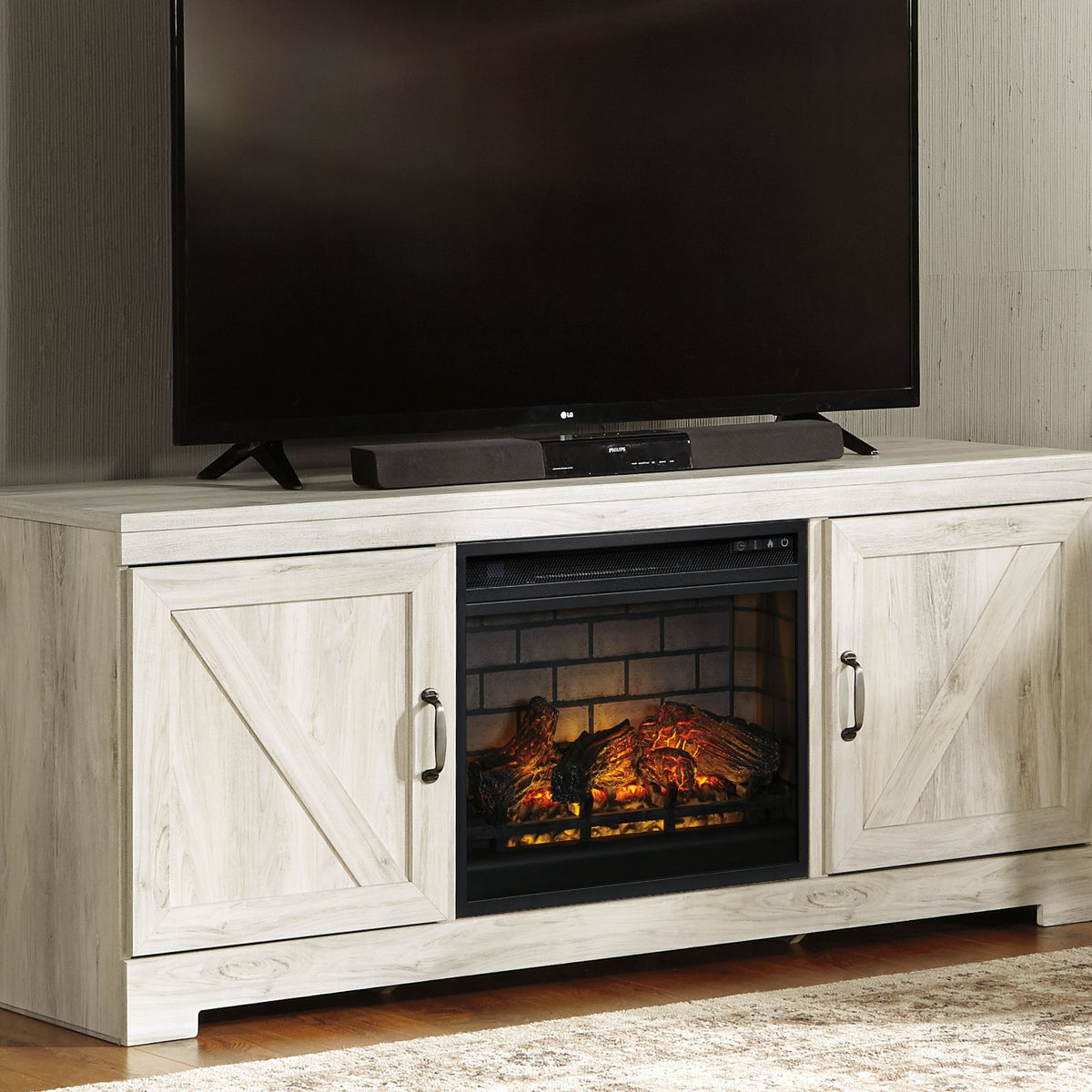 Bellaby - Whitewash - 63" TV Stand With Faux Firebrick Fireplace Insert