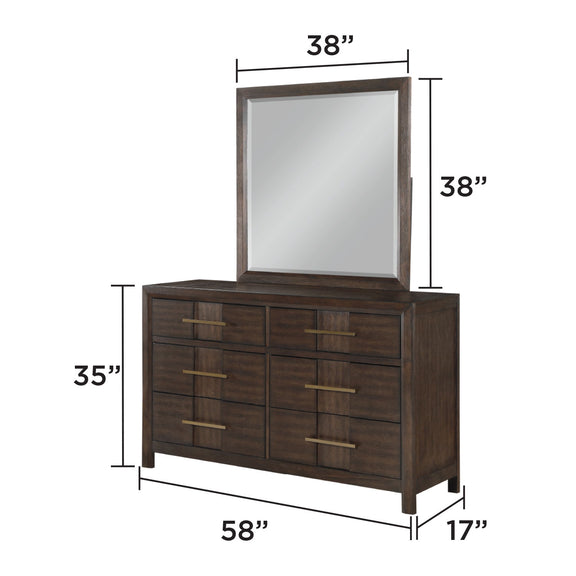 Dark brown dresser with attached beveled mirror and multiple drawers, gold-toned pulls
