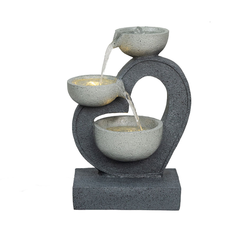 Three-tier gray outdoor fountain with stone-textured bowls, cascading water, and warm LED lights