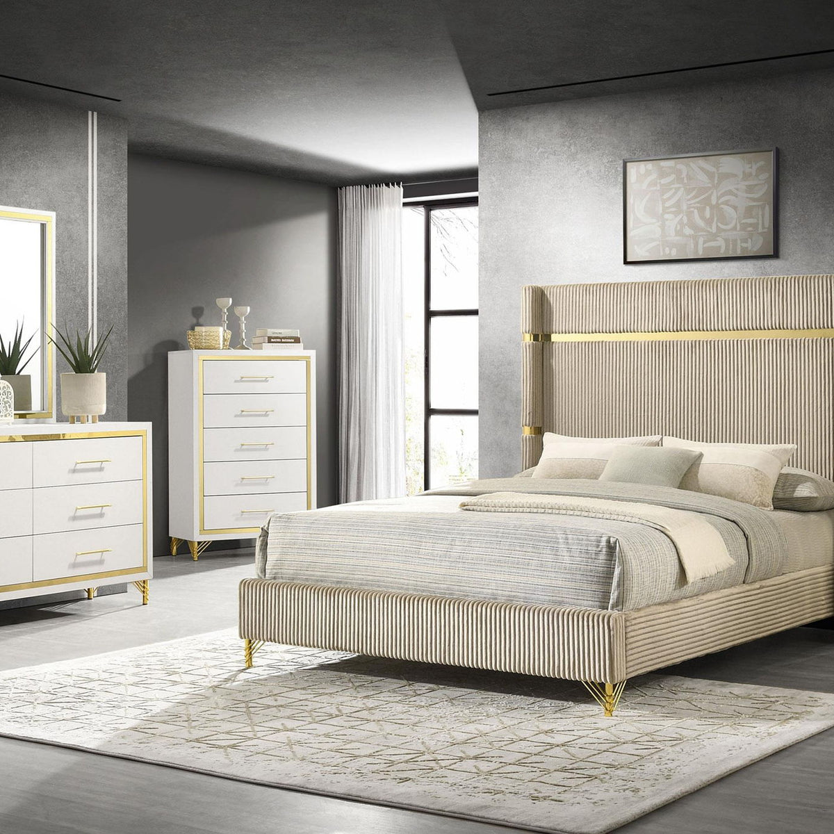 Lucia 5-piece Queen Bedroom Set Beige and White