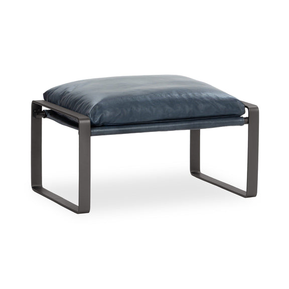 Morgan ottoman with blue upholstered cushion and dark gray metal legs