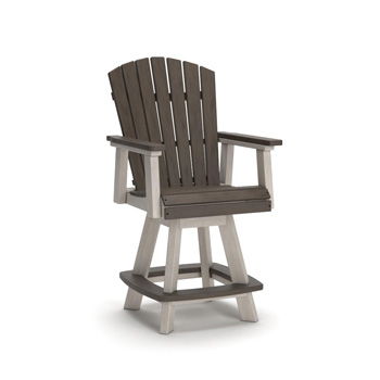 Brown barstool with a slatted Adirondack-style back, armrests, footrest, and swivel base