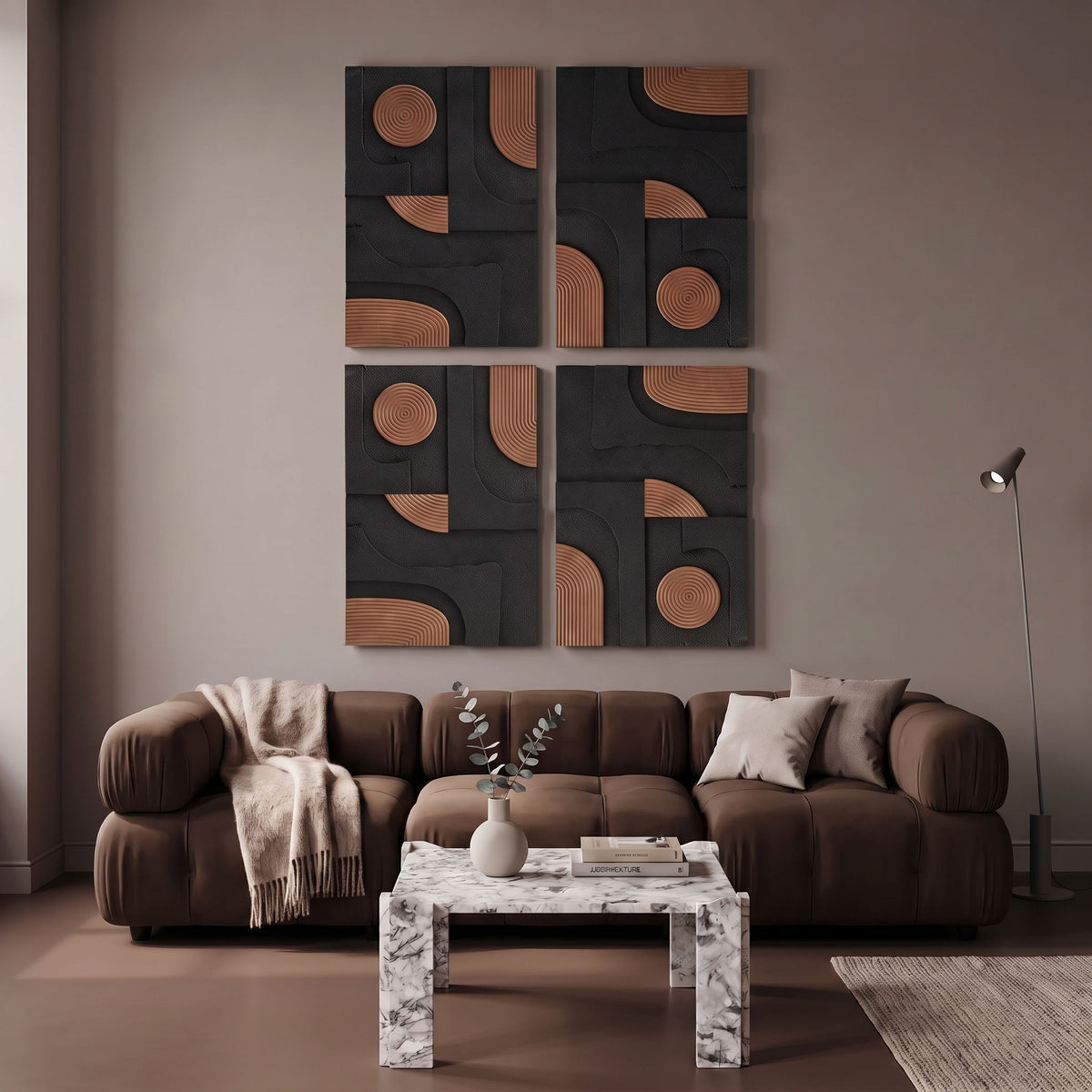 Four-piece black and natural wood wall art set with abstract swirl and arc inlays