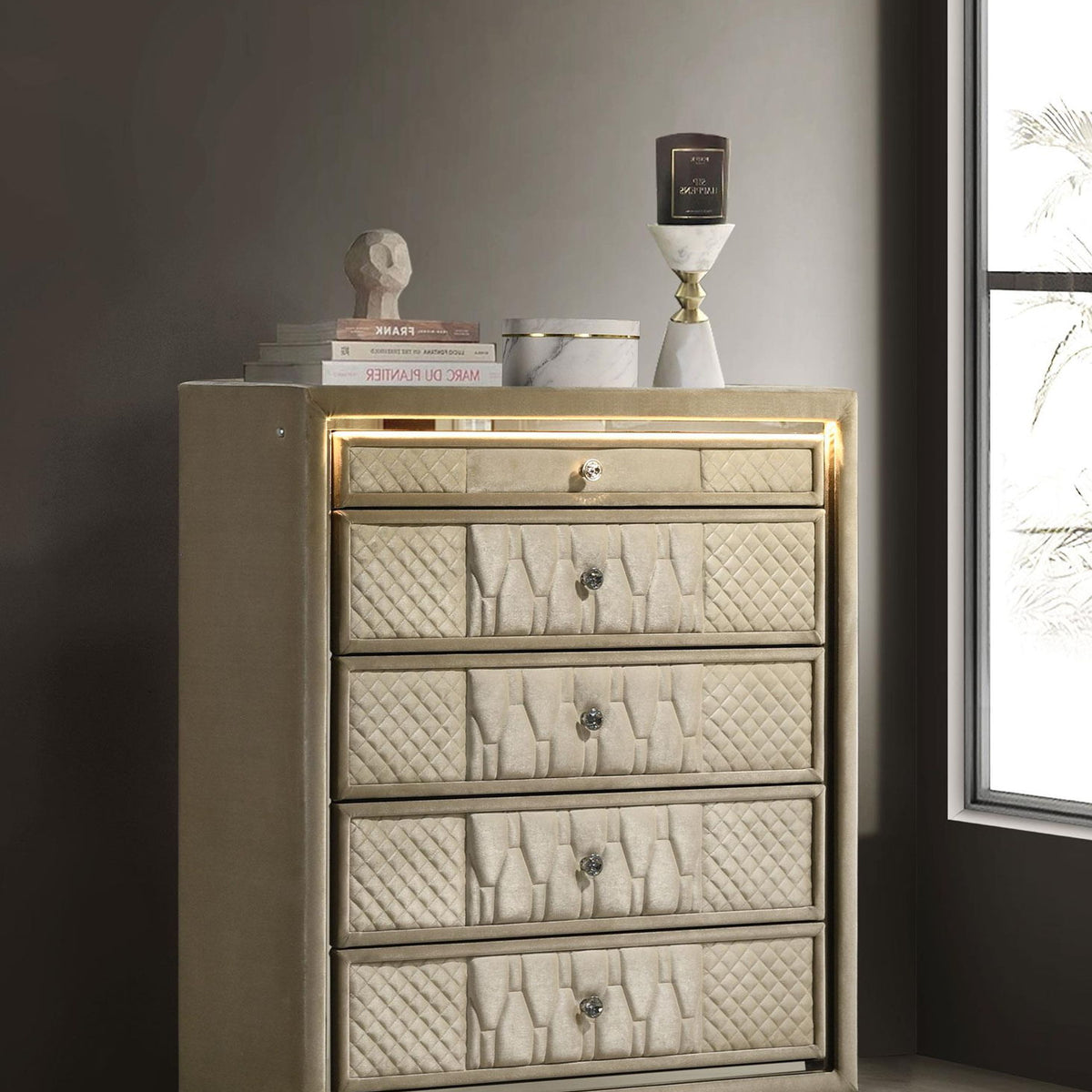 Lorient 5-drawer LED Chest of Drawers Ivory and Camel