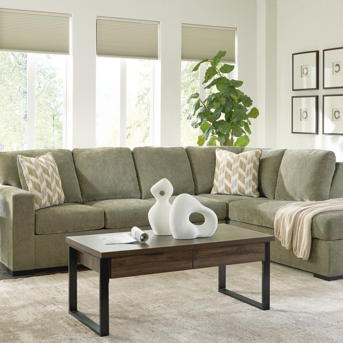 Bridgepoint sectional sofa with corner chaise, light gray fabric, throw pillows and chaise ottoman