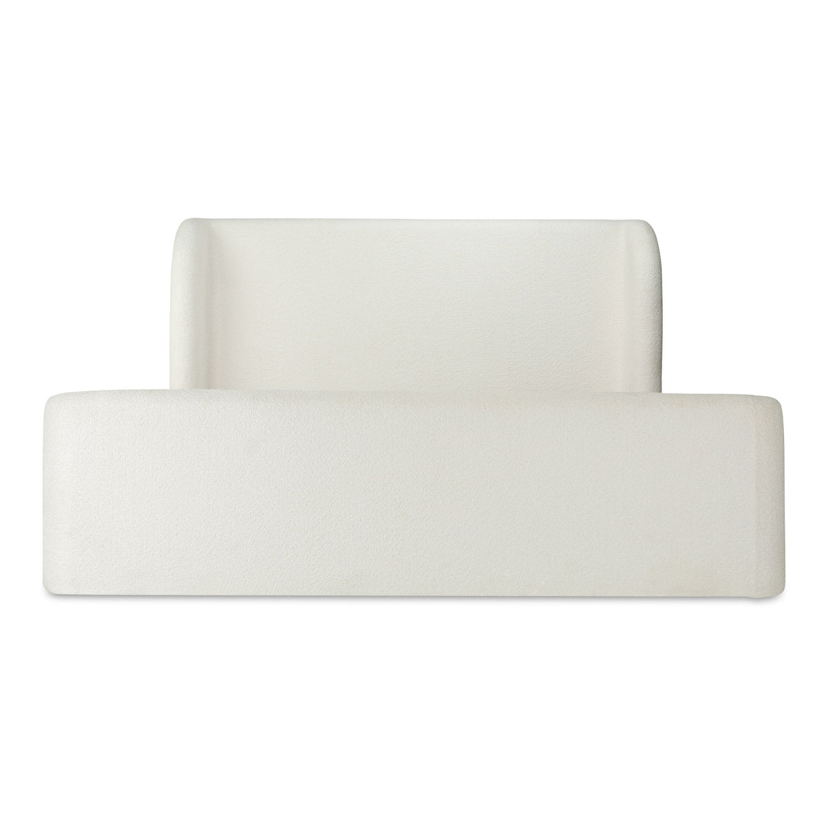 Cream upholstered king bed with tall square headboard and low front panel