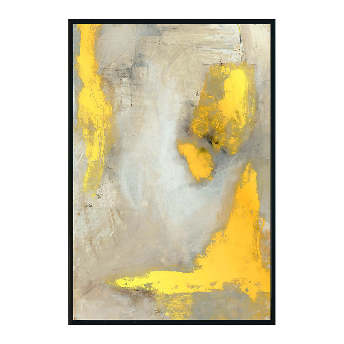 Framed abstract artwork featuring bright yellow brush marks over pale gray and white, black frame