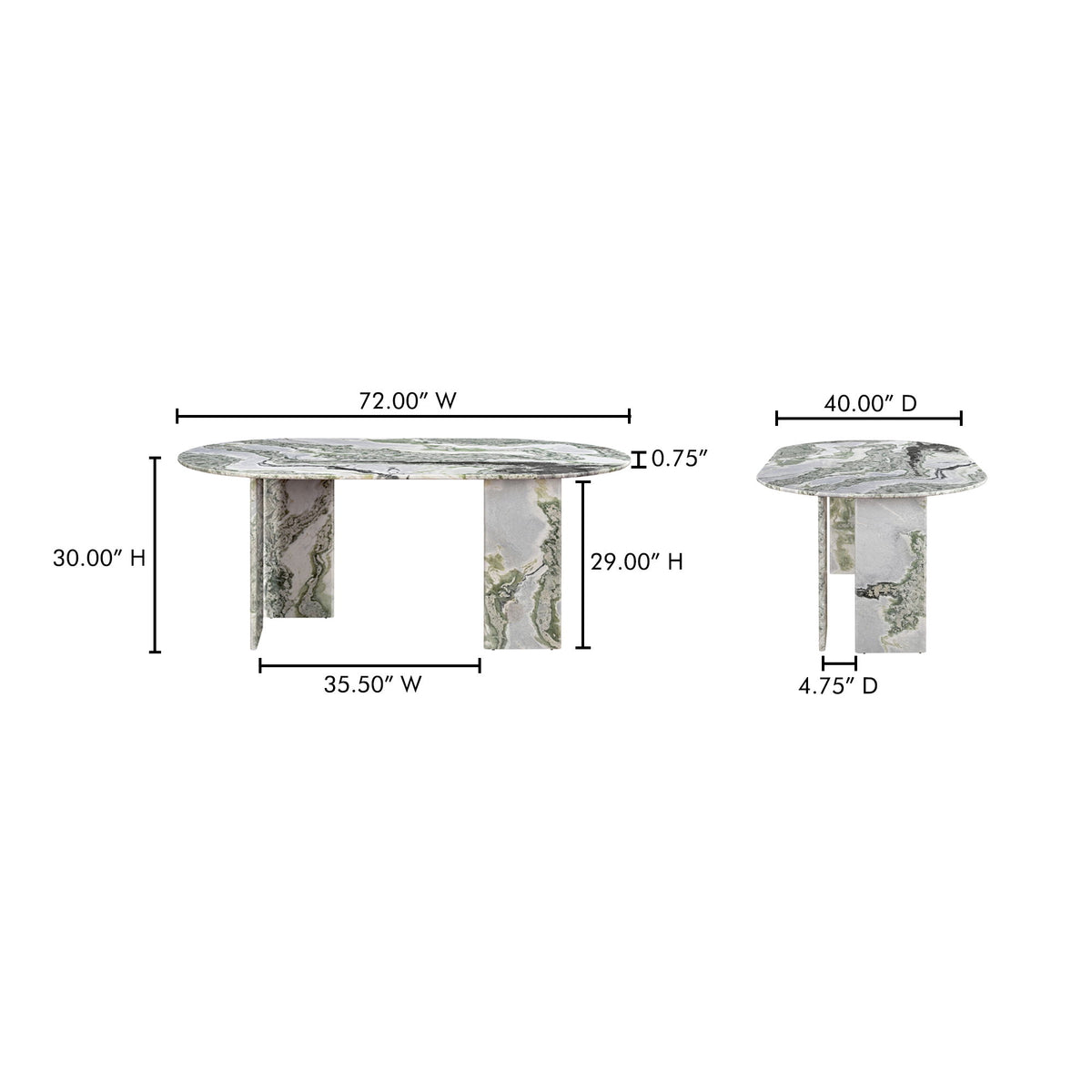 Oval marble dining table dimensions view with green-veined side pedestal legs