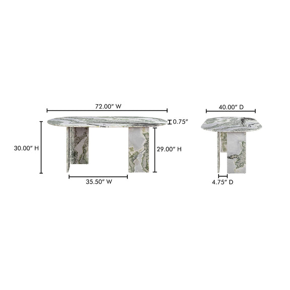 Oval marble dining table dimensions view with green-veined side pedestal legs