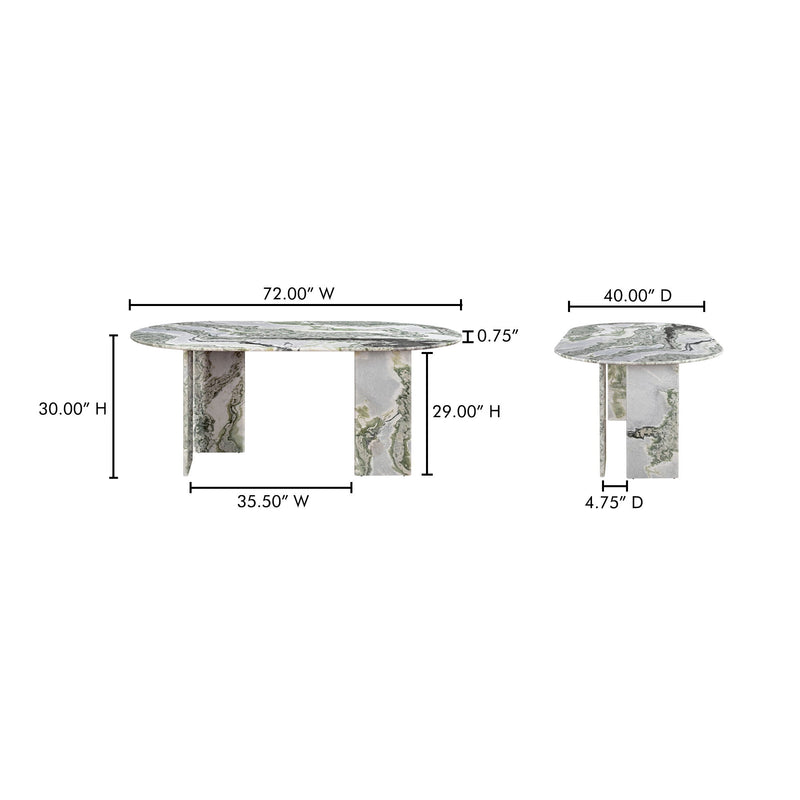 Oval marble dining table dimensions view with green-veined side pedestal legs