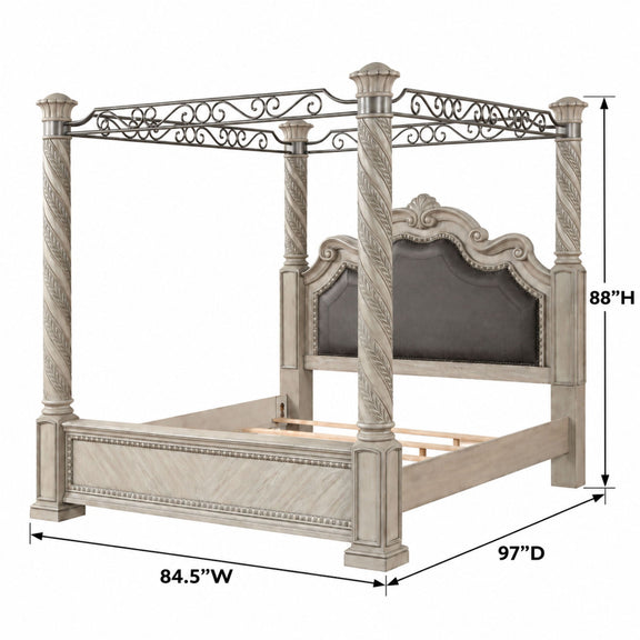 Gray king panel canopy bed with four posts and scrollwork; height 88H and depth 97D shown