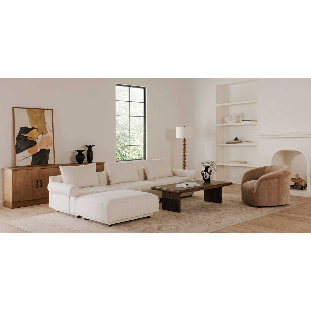 Brown wooden coffee table centered in living room with sofa and armchair