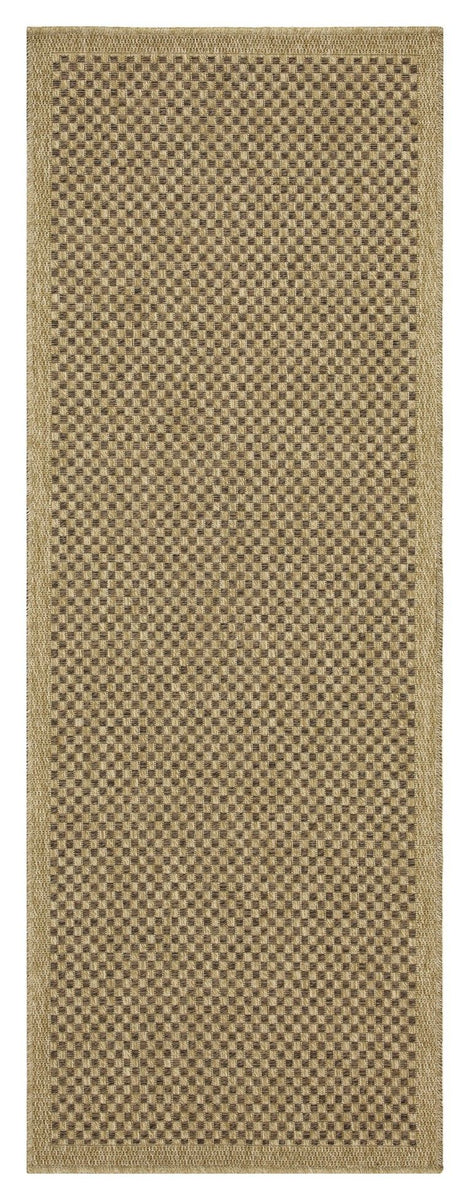 Light brown polypropylene rug with small checkered pattern and stitched border