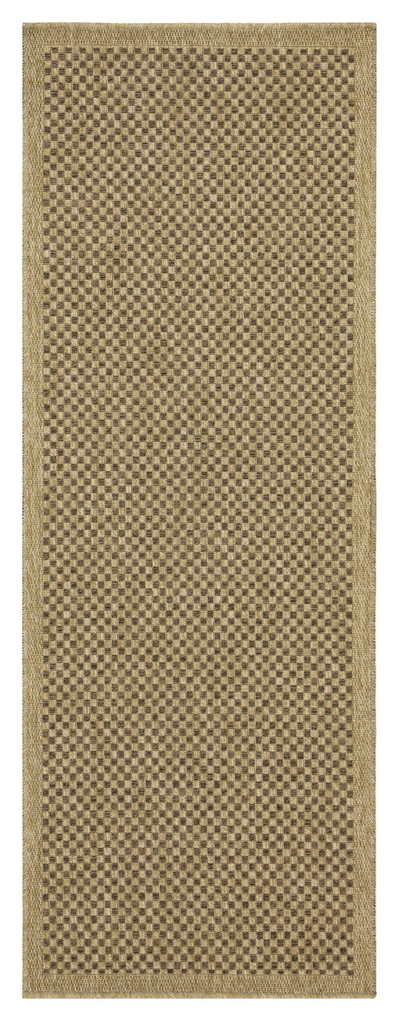 Light brown polypropylene rug with small checkered pattern and stitched border