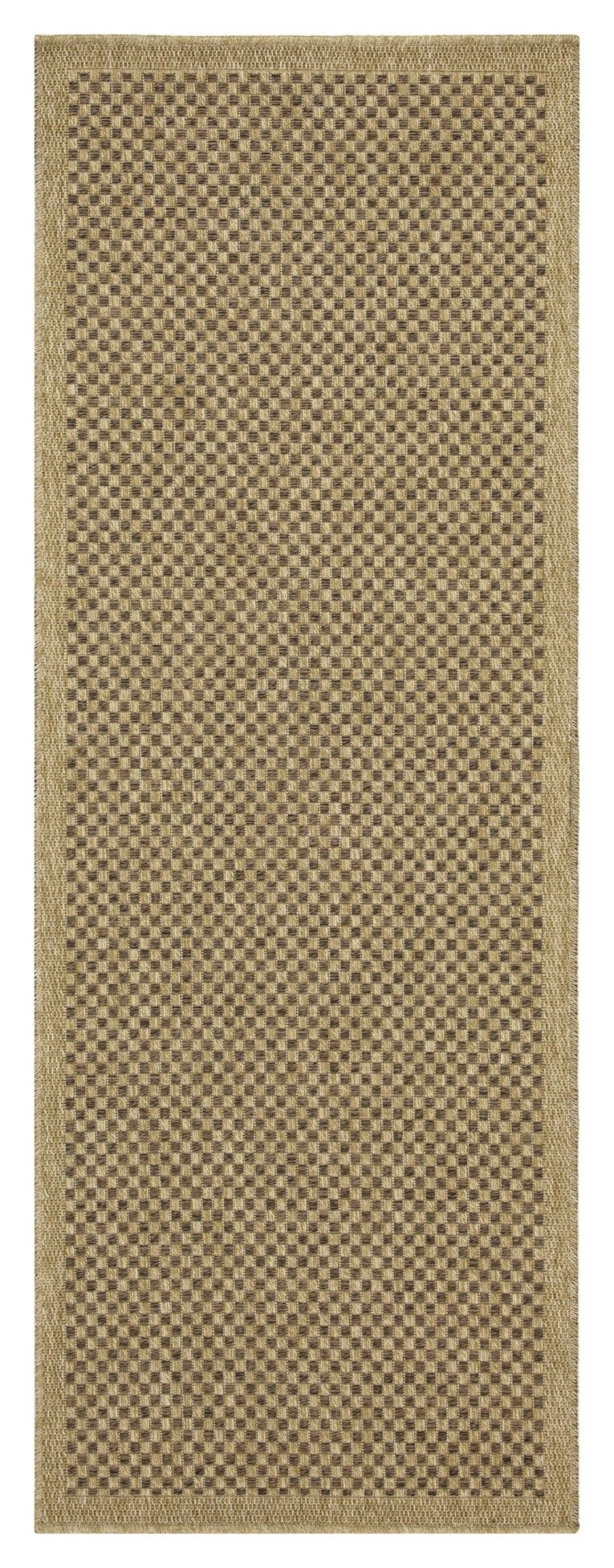 Light brown polypropylene rug with small checkered pattern and stitched border