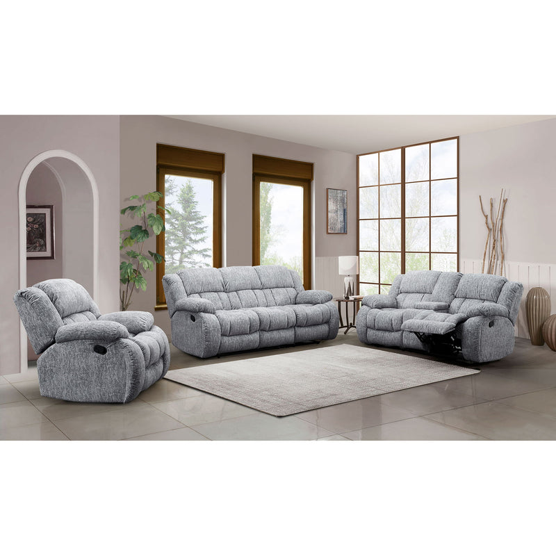 Gray fabric recliner glider set with two chairs in a bright living room.