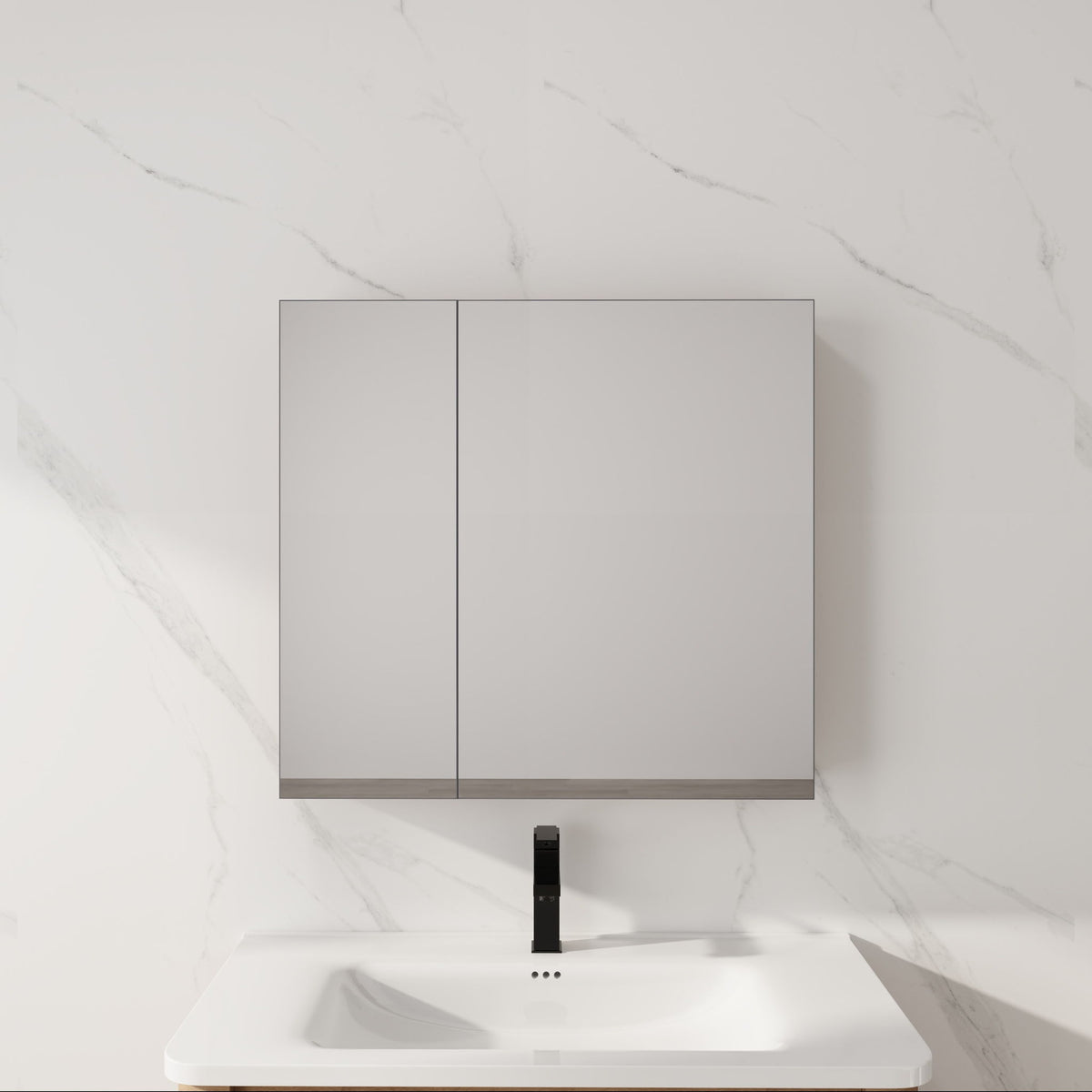 Light gray wall-mounted cabinet with two doors above white sink
