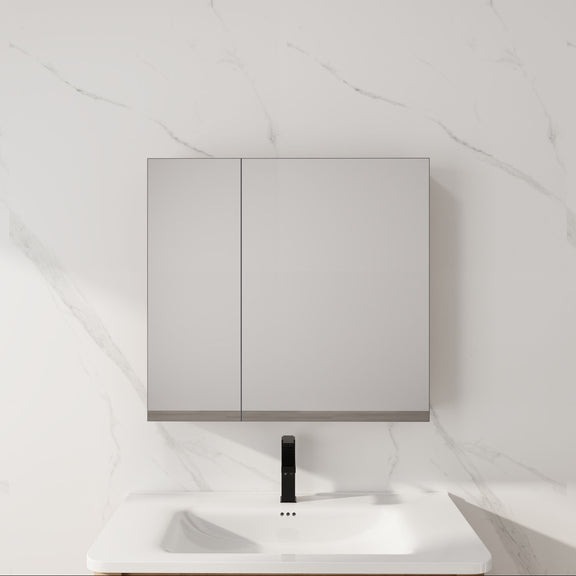 Light gray wall-mounted cabinet with two doors above white sink