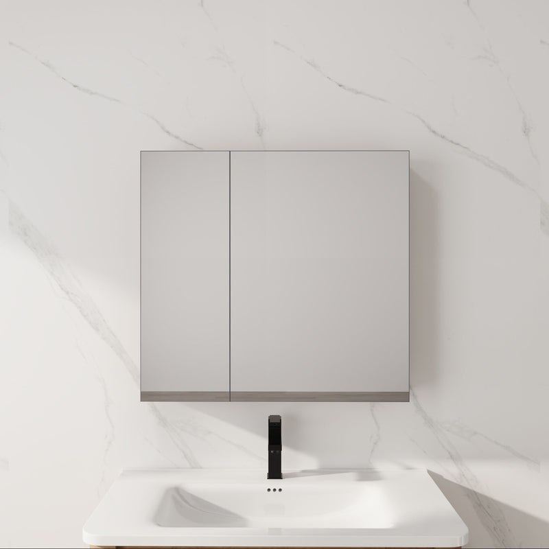 Light gray wall-mounted cabinet with two doors above white sink