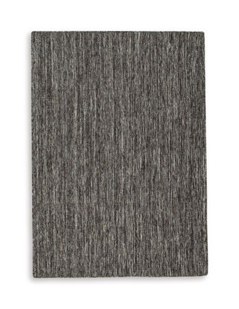 Black textured area rug with mottled gray pattern and short pile