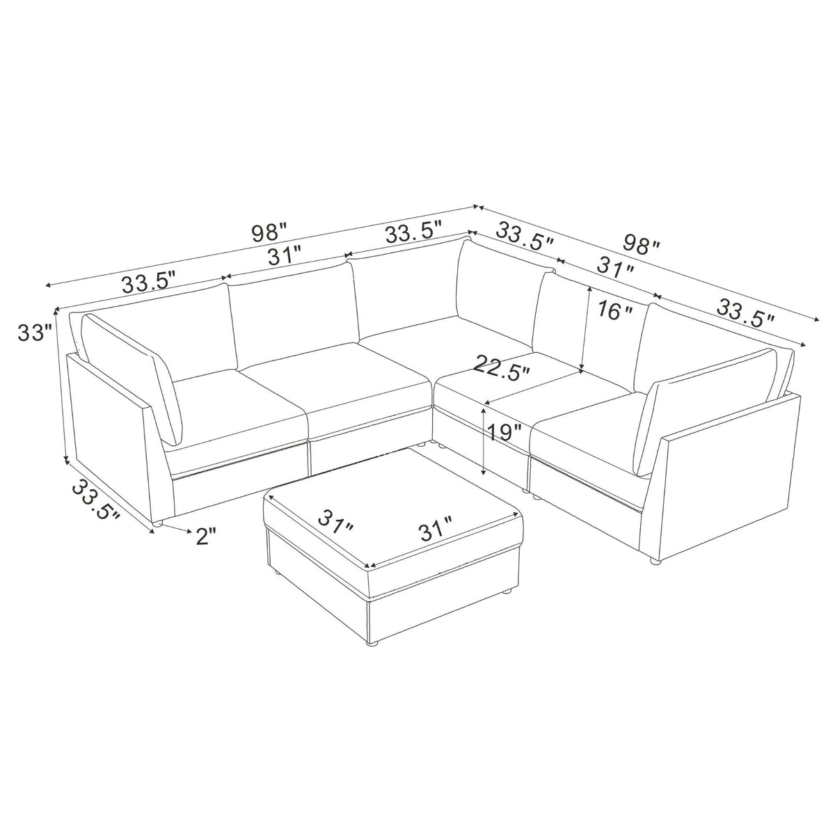 Sectional sofa configuration sketch with labeled dimensions and two arm sections