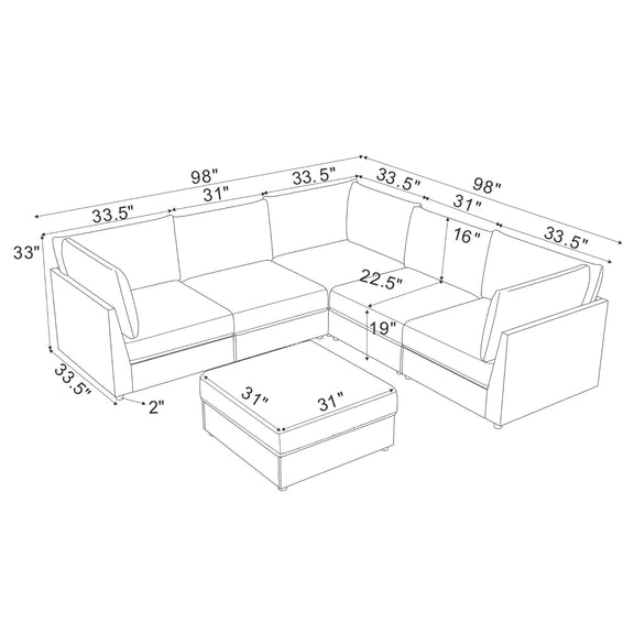 Sectional sofa configuration sketch with labeled dimensions and two arm sections