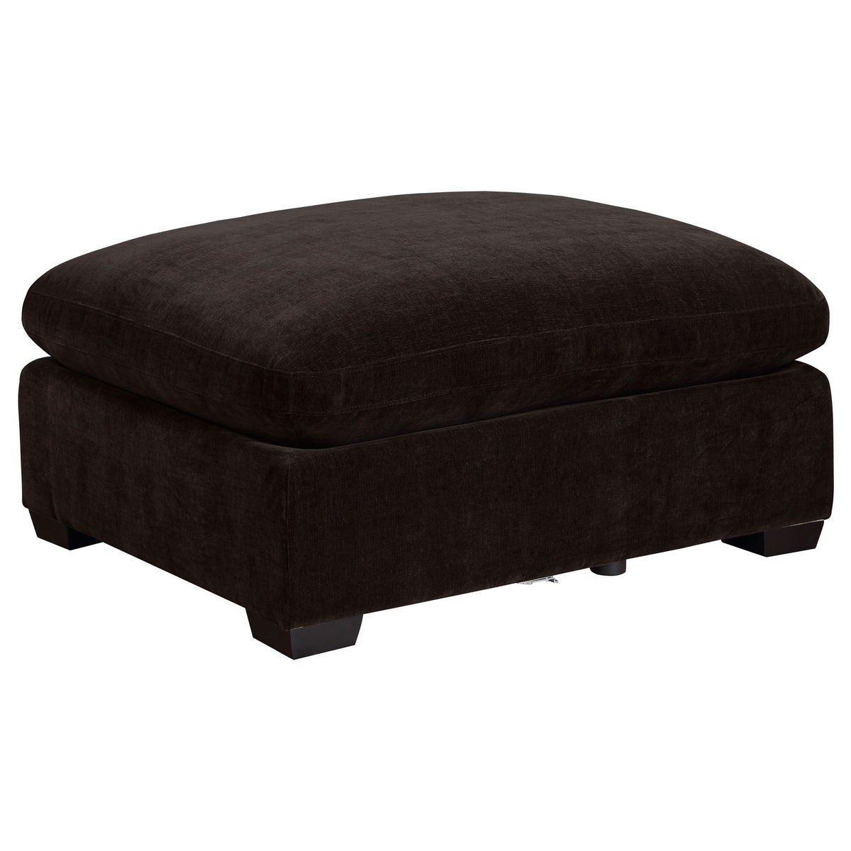 Black upholstered ottoman with square base and thick round padded top.