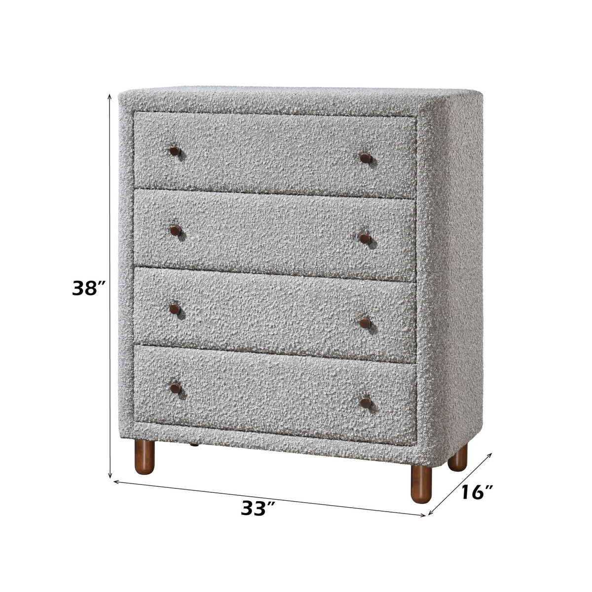 Gray upholstered 4-drawer chest with button accents and wooden legs