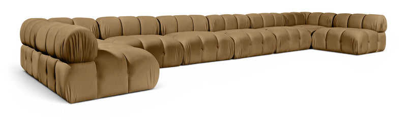 Light brown modular sectional sofa with padded chaise and corner modules