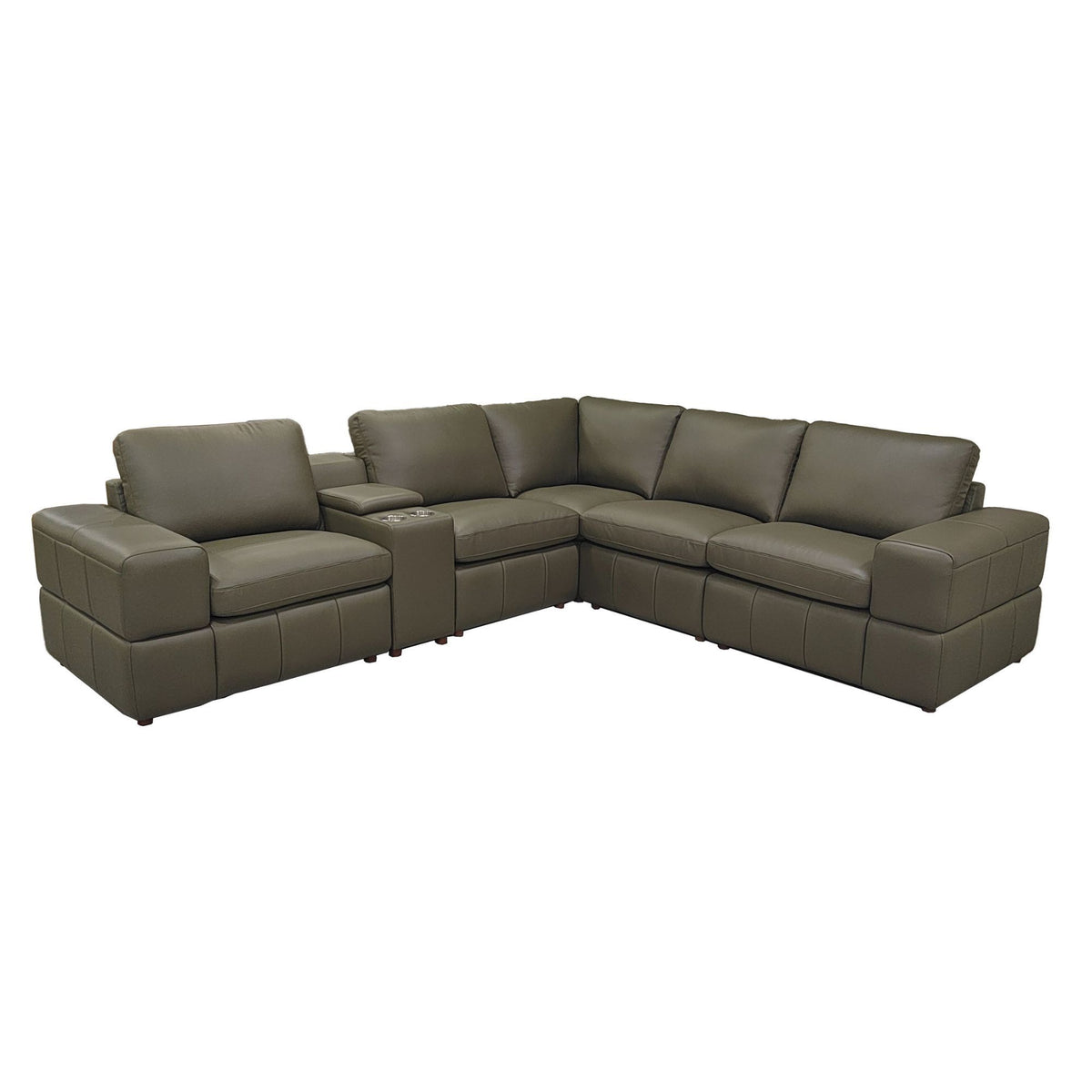 Modular U-shaped sectional sofa with large square arms, dark green upholstery corner chaise.