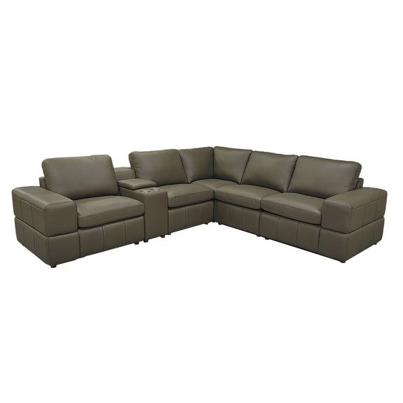 Modular U-shaped sectional sofa with large square arms, dark green upholstery corner chaise.