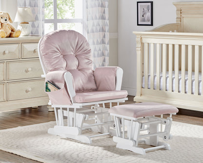 Pink upholstered glider chair with matching ottoman on white wooden base