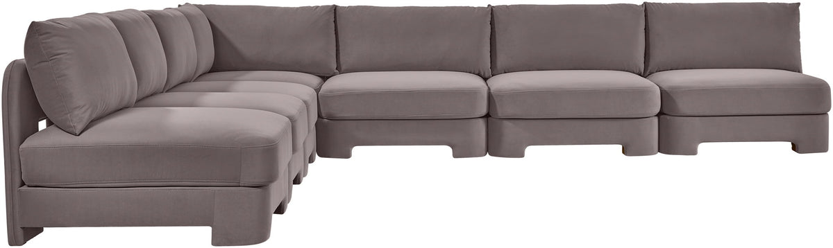 Gray velvet performance sectional sofa with armless L-shaped chaise, tufted back cushions
