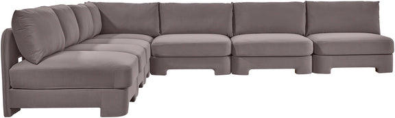 Gray velvet performance sectional sofa with armless L-shaped chaise, tufted back cushions
