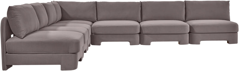 Gray velvet performance sectional sofa with armless L-shaped chaise, tufted back cushions