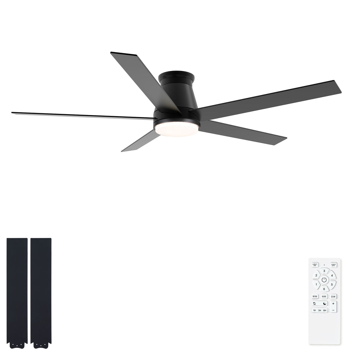 Flush-mount ceiling fan with light, black housing; includes remote control