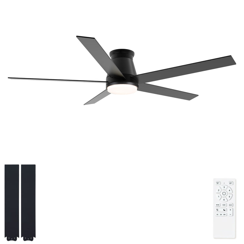 Flush-mount ceiling fan with light, black housing; includes remote control