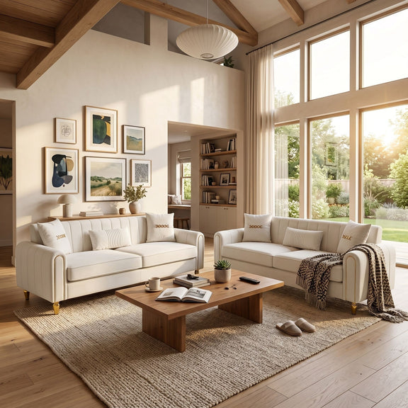 Pair of light-colored three-seat sofas with rounded arms, shown in a living room