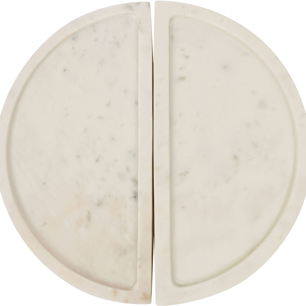 White marble tray with two split round halves and subtle natural speckling