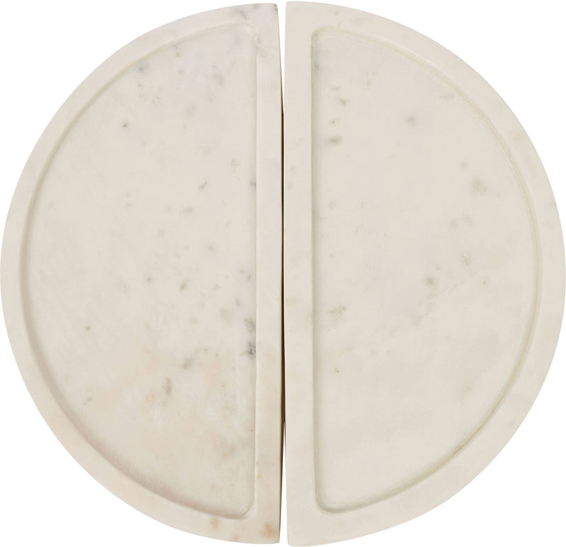 White marble tray with two split round halves and subtle natural speckling