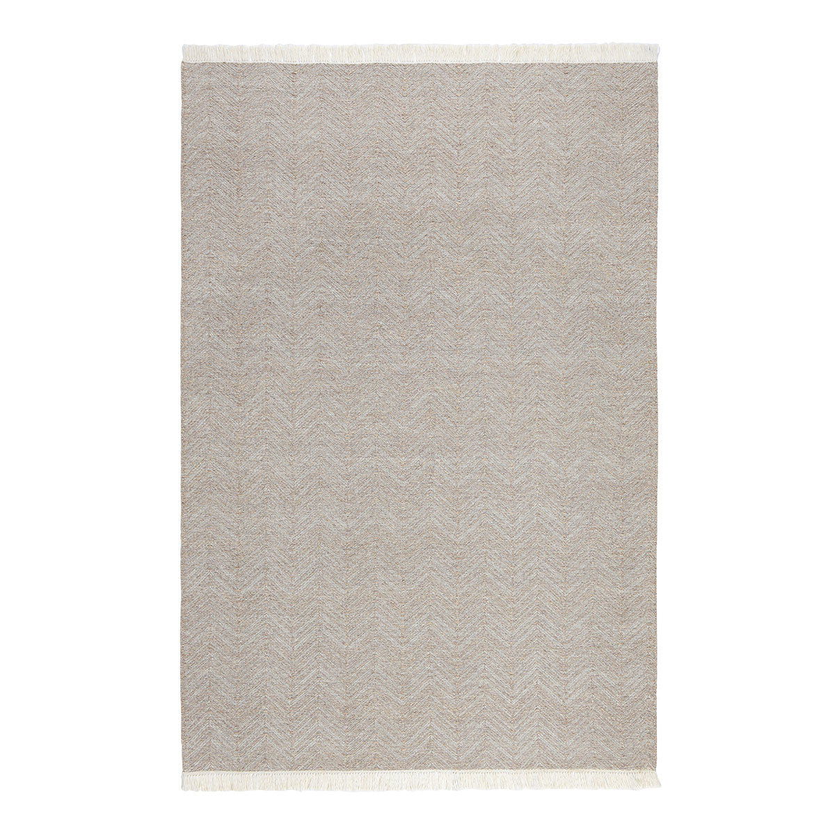 Augusta indoor/outdoor rug in stone gray with subtle chevron pattern and fringed edges