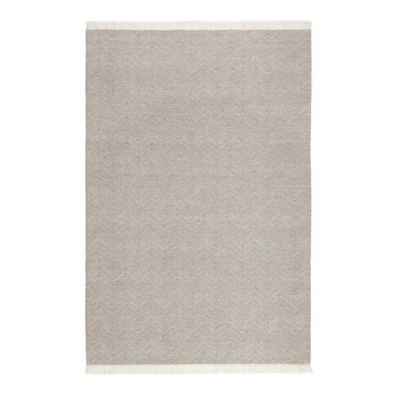 Augusta indoor/outdoor rug in stone gray with subtle chevron pattern and fringed edges
