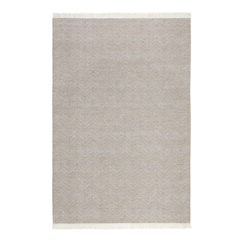 Augusta indoor/outdoor rug in stone gray with subtle chevron pattern and fringed edges